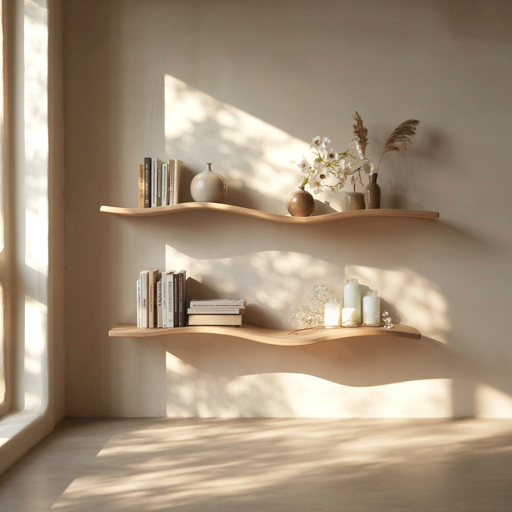 Handgefertigtes Wellen-Holzregal – Rustikales Mid-Century Wandregal & Geschenk