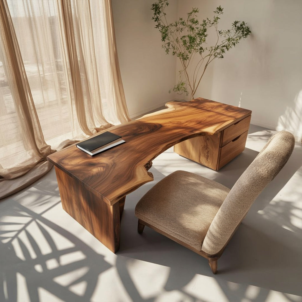 Handgefertigter Live-Edge Massivholz-Schreibtisch mit Stauraum