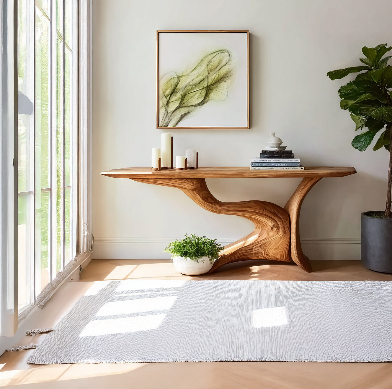 Live-Edge Konsolentisch aus Massivholz mit handgefertigtem Holzgestell