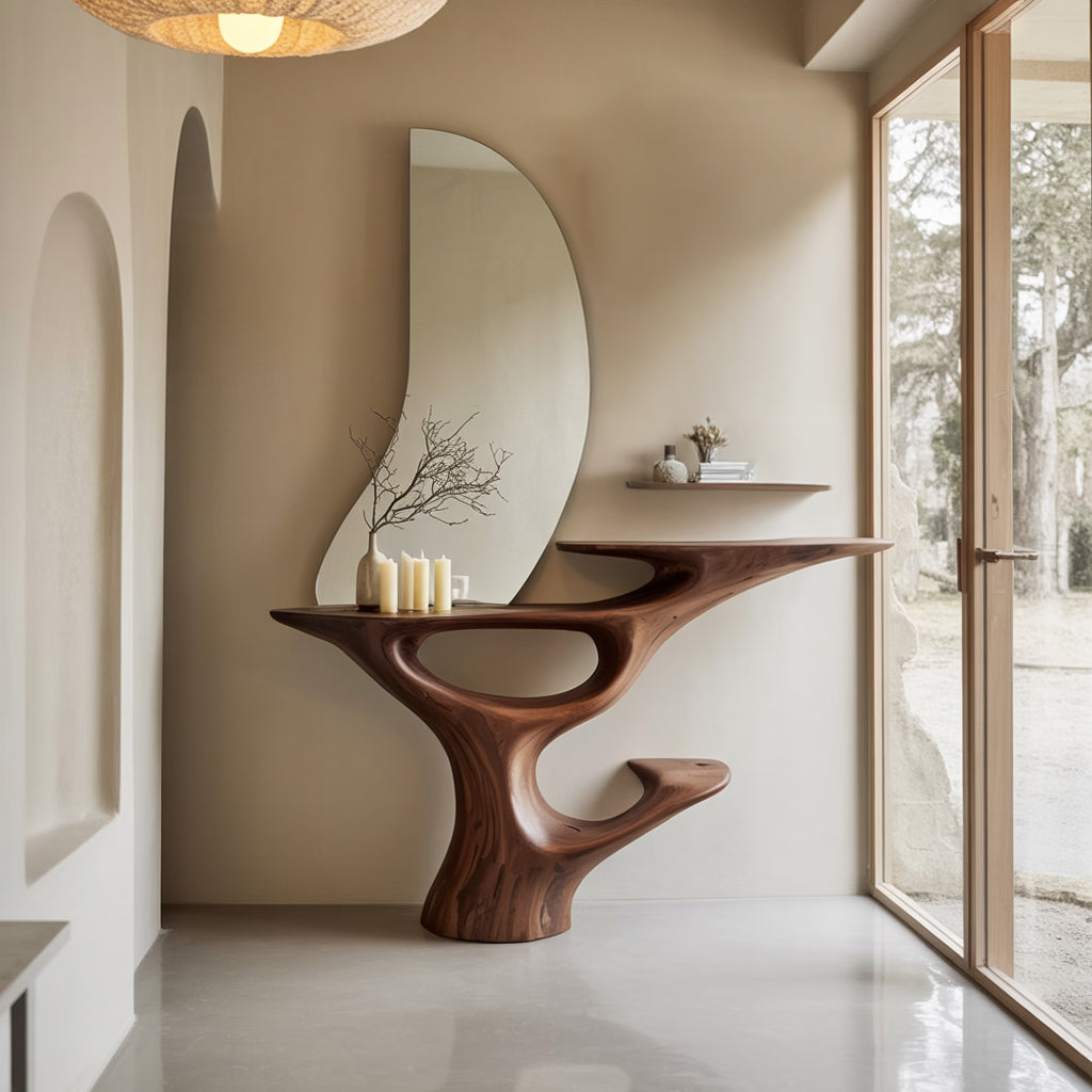 Handgefertigter Holz-Konsolentisch – Modernes, skulpturales Naturholzdesign