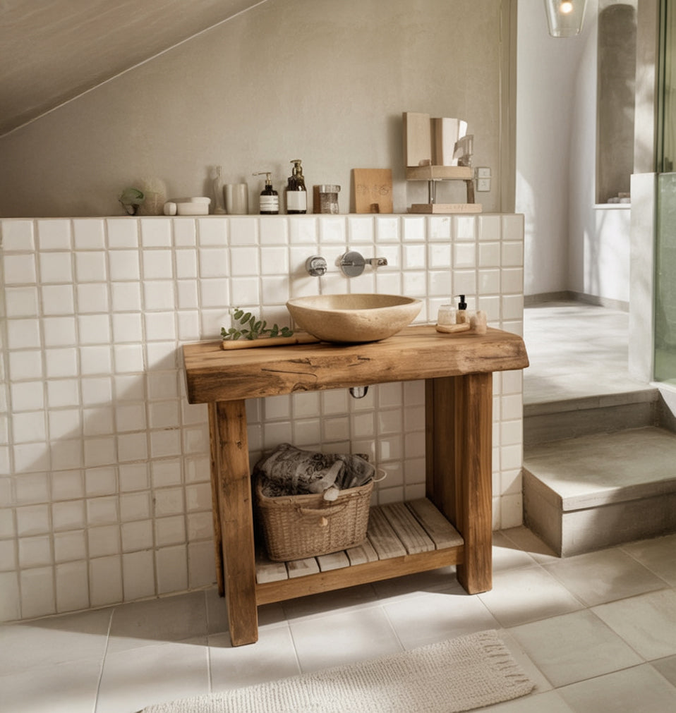 Massivholz-Badunterschrank – rustikaler Waschtisch mit Baumkante
