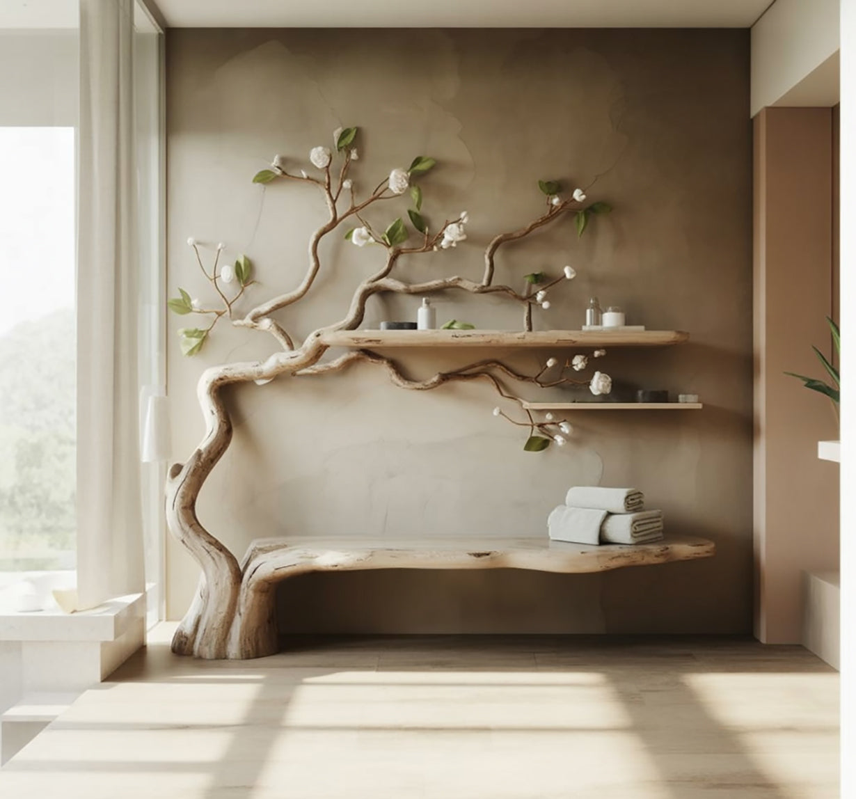 Handgefertigtes Baum-inspiriertes Wandregal & Bank aus Massivholz