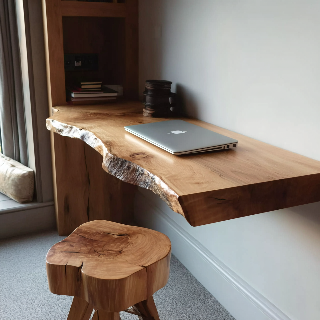 Handgefertigter schwebender Live-Edge-Wandschreibtisch aus Massivholz