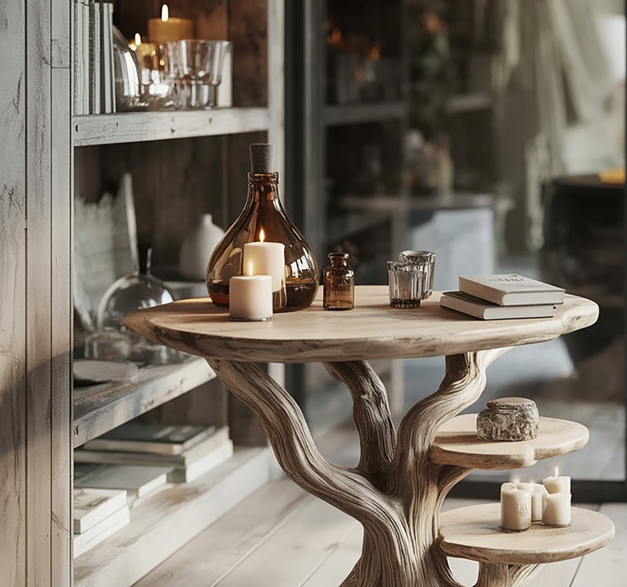 Handgefertigter Beistelltisch aus Massivholz mit Baumfuß, rustikal