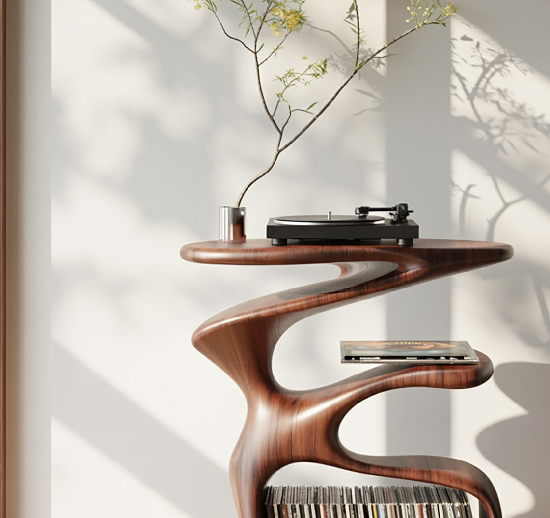 Handgefertigter Plattenspielerständer aus Holz – Skulpturales Vinyl-Regal