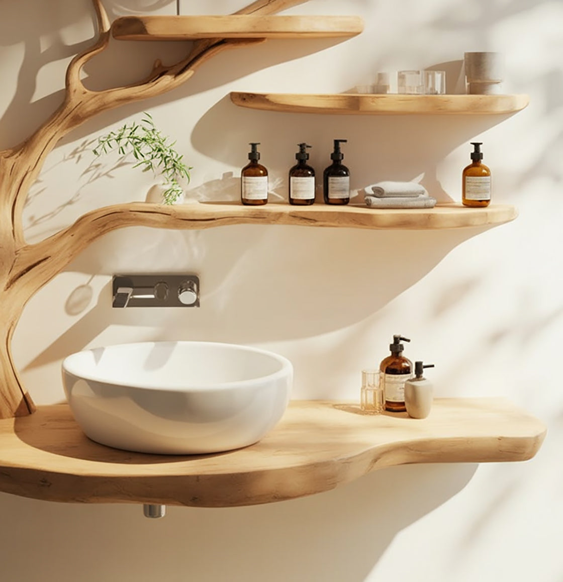 Badezimmer-Waschtisch aus Massivholz mit Baumast-Schweberegalen