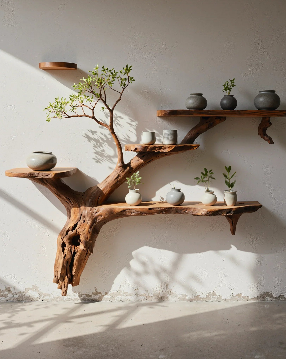 Baumkanten-Baum-Bücherregal mit Topfpflanzen und Keramik an weißer Wand, natürliches Sonnenlicht.