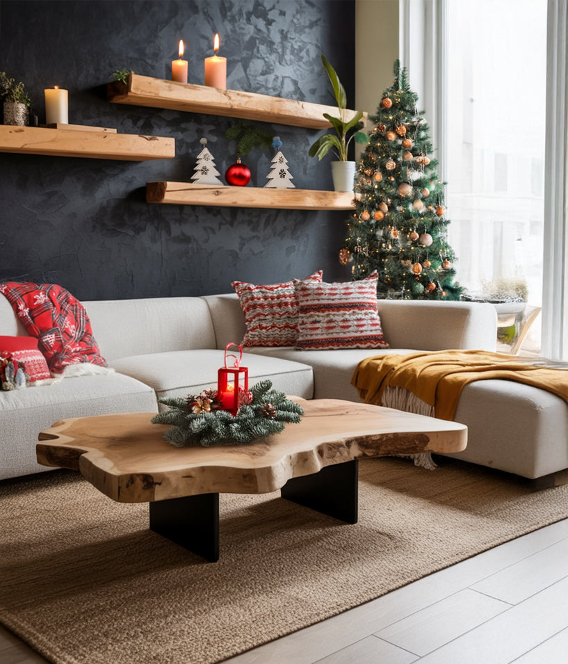 Rustikaler Couchtisch – Holzplatte mit Naturkante und schwarzen Metallbeinen