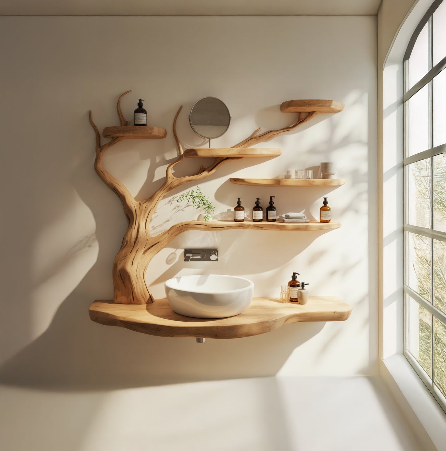 Badezimmer-Waschtisch aus Massivholz mit Baumast-Schweberegalen