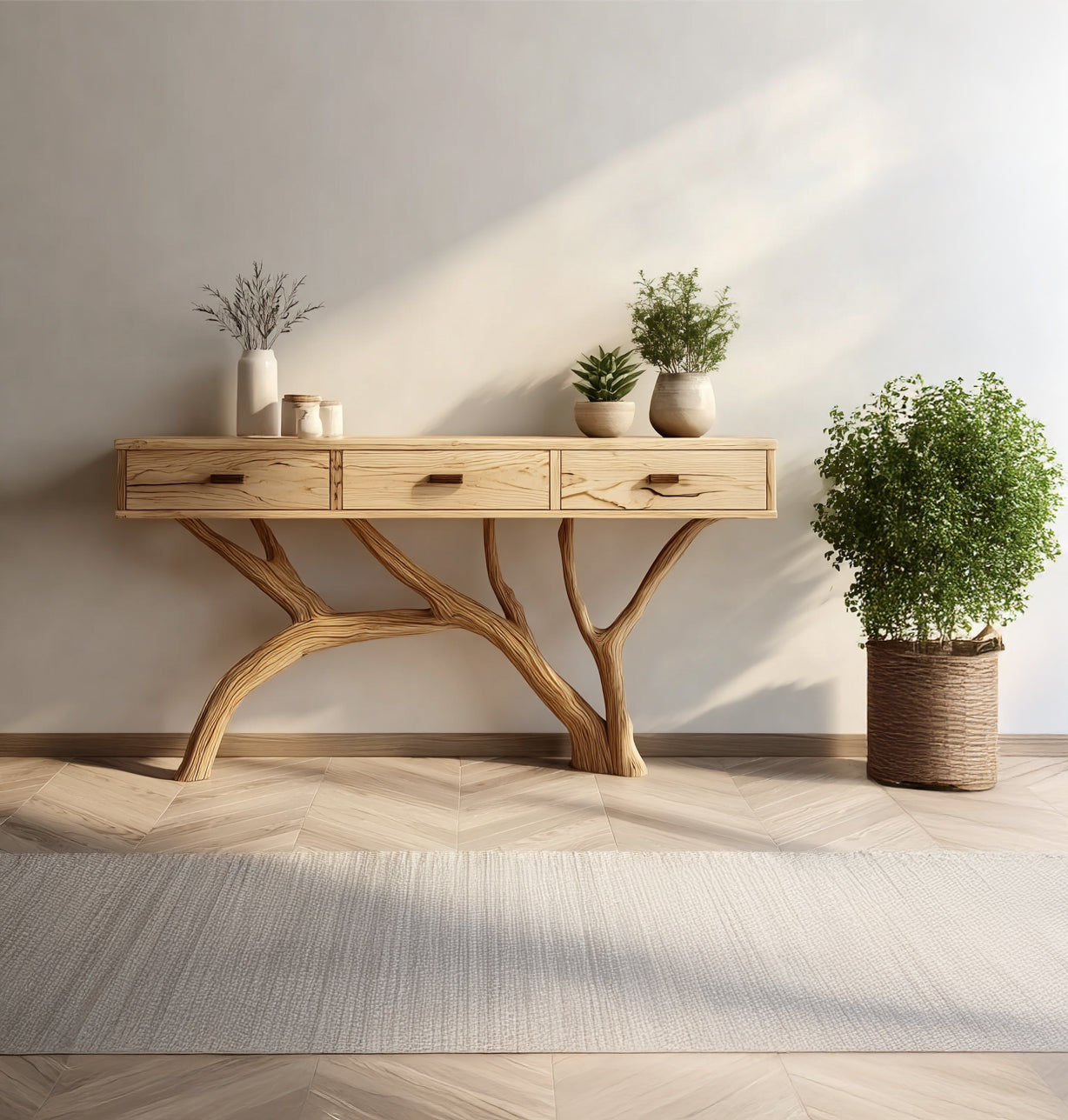 Modern wooden console table with tree-branch legs, potted plants, and decorative jars in bright room