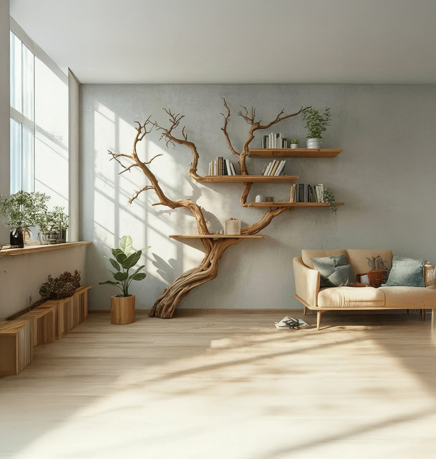 Baumförmiges Holzregal – Skulpturales Ast-Bücherregal & rustikale Wohnkultur