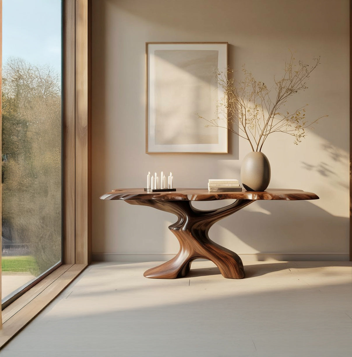 Modern wooden table with sculptural base in bright room, decorated with vase and candles
