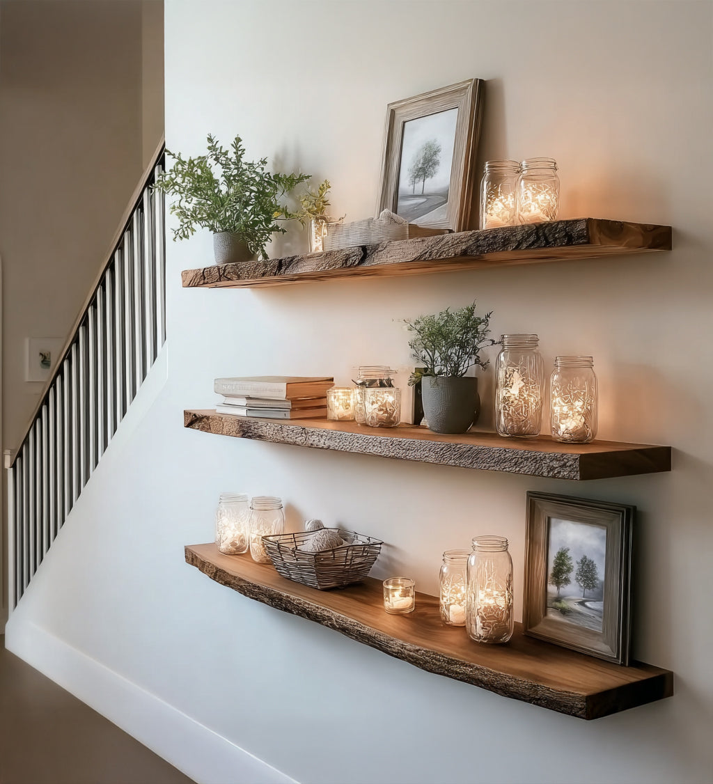 Handgefertigtes Schweberegal mit Baumkante – Massivholz-Rustikregal für die Wand