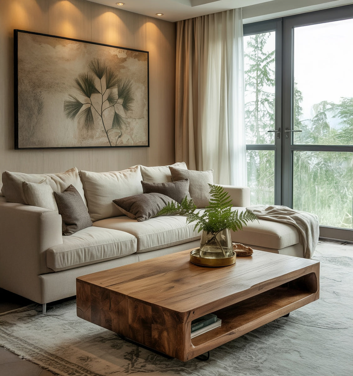 Handgefertigter Massivholz-Couchtisch aus Akazie mit offener Ablage