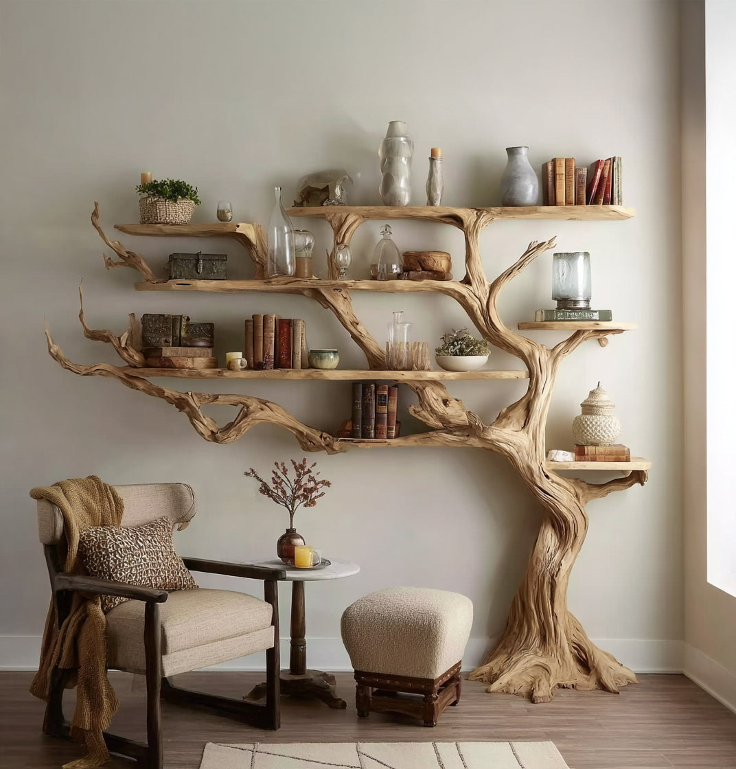 Wooden tree-shaped bookshelf with books, pottery, and glassware next to beige armchair and ottoman