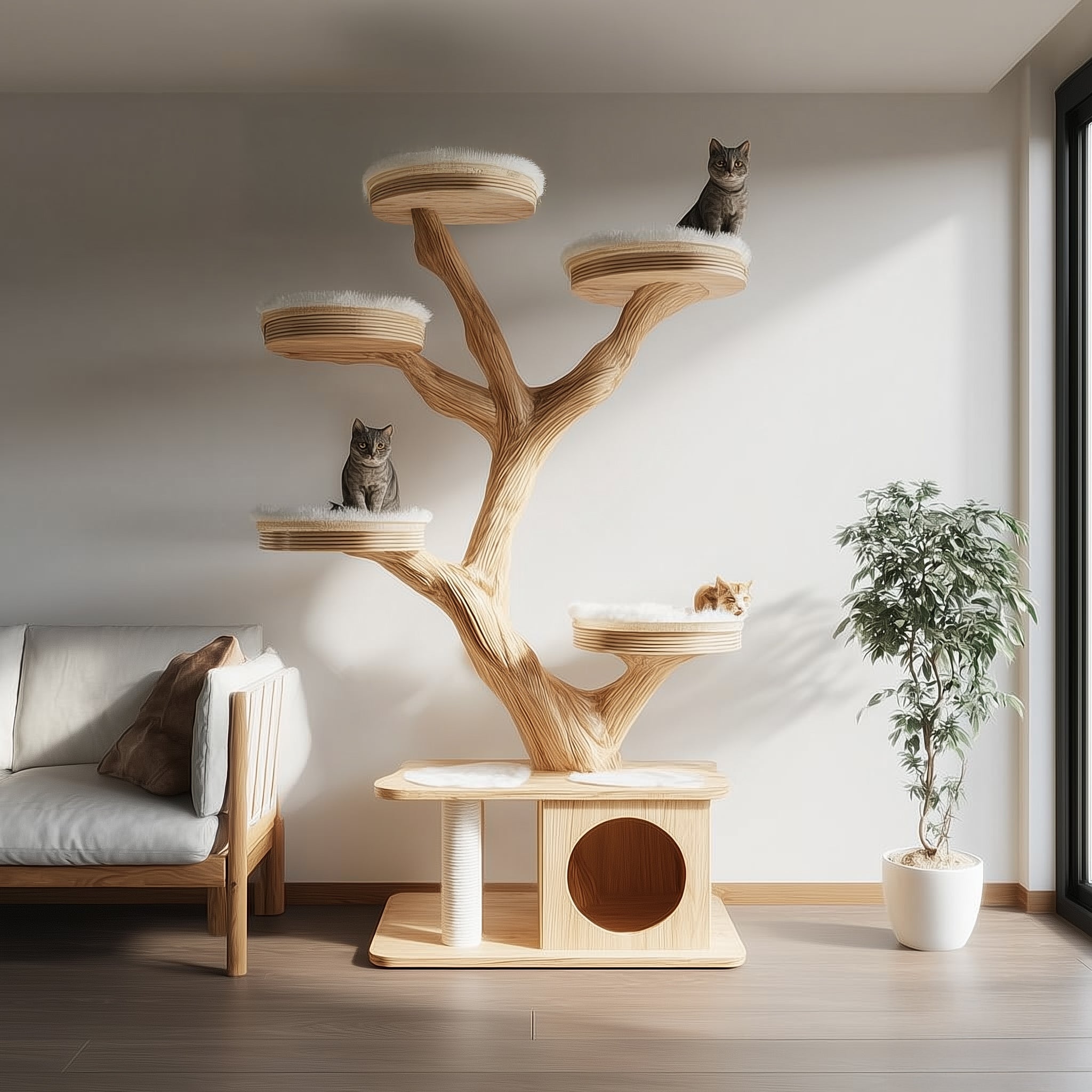 Rustikaler Holz-Kratzbaum – Handgefertigter Wand-Kletterturm für Katzen